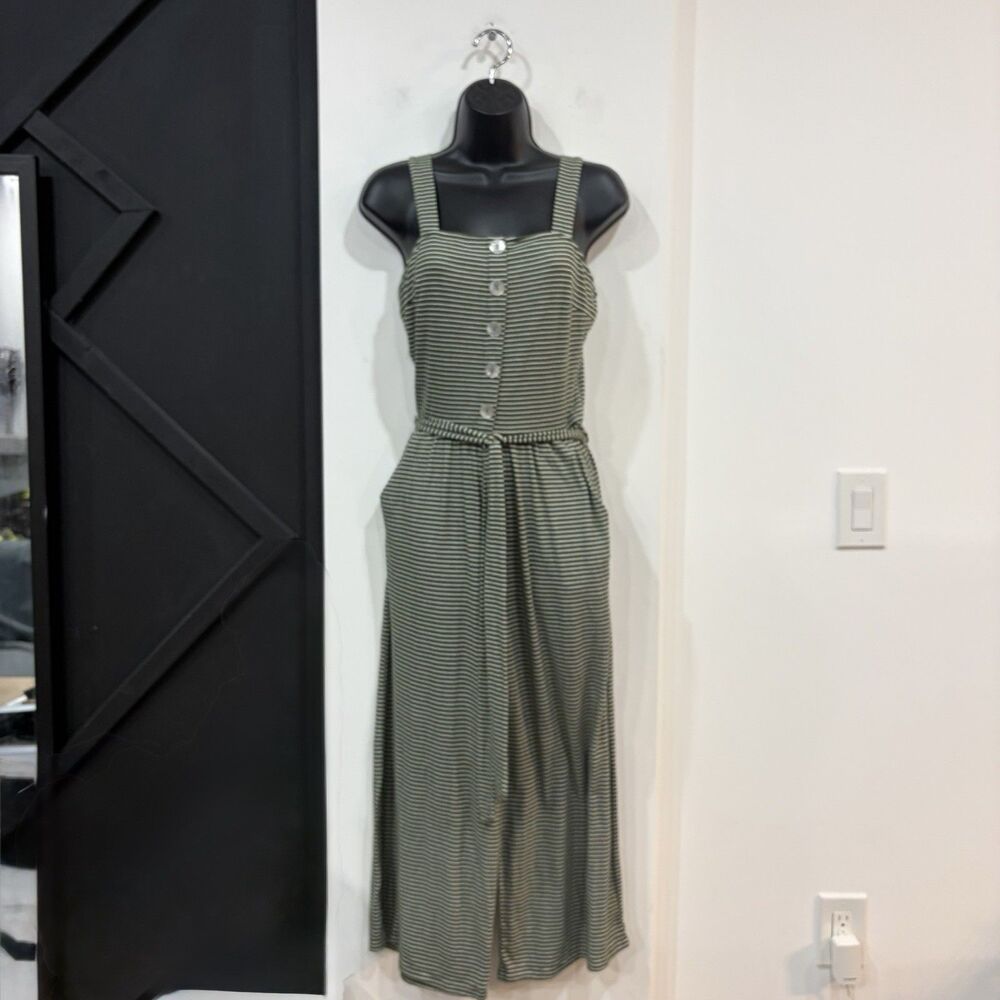 Kaileigh Green Striped Belted Jumpsuit Size Small Pockets Sleeveless Wide Leg